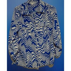 Notations Blue White Shear Blouse Button Front Long Sleeve Pockets Size Medium